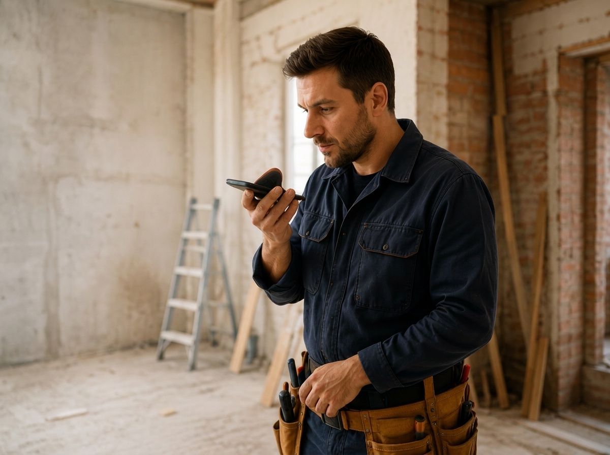 Professionista che detta un preventivo al telefono in cantiere